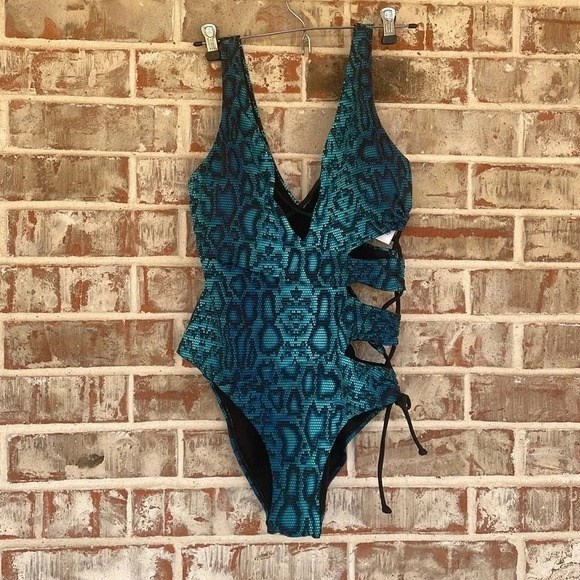 Swimsuits For All Turquoise Snakeprint One Piece Cut Out Lace Up Swimsuit - Picture 2 of 11